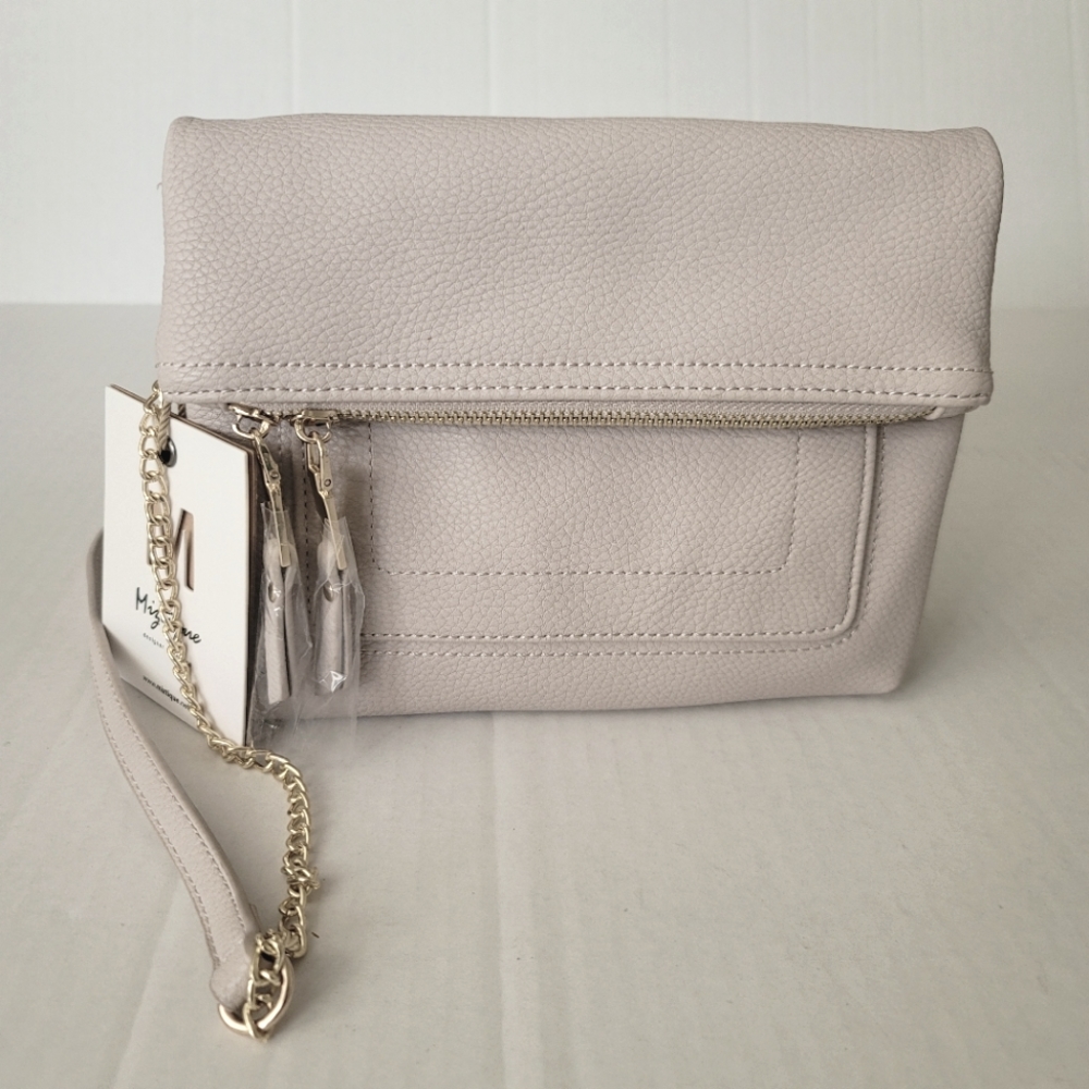 Miztique crossbody purse stone beige chain strap pebble texture NWT